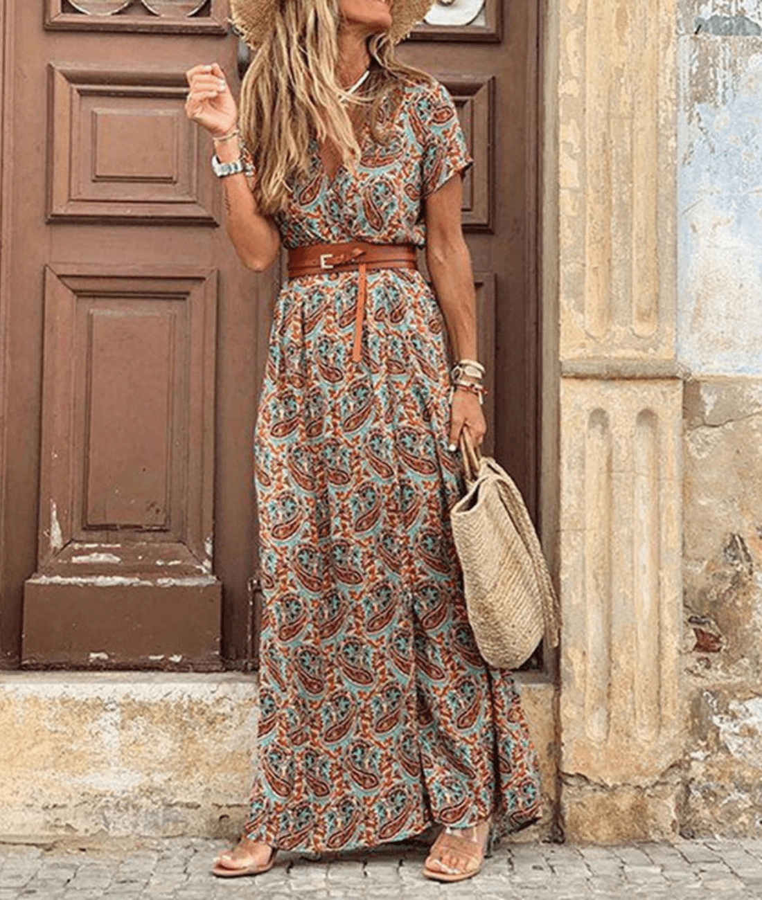 Marisolé – Belted Short Sleeve Maxi Dress