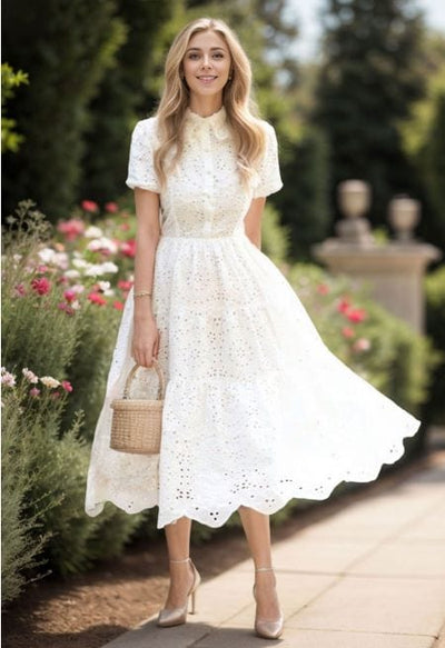 Meliora - Short Sleeve Crochet Maxi Dress in White