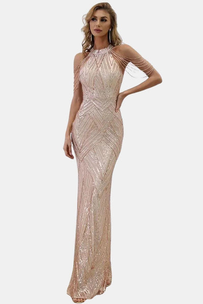Mikka - Cold Shoulder Beaded Sequin Cocktail Dress