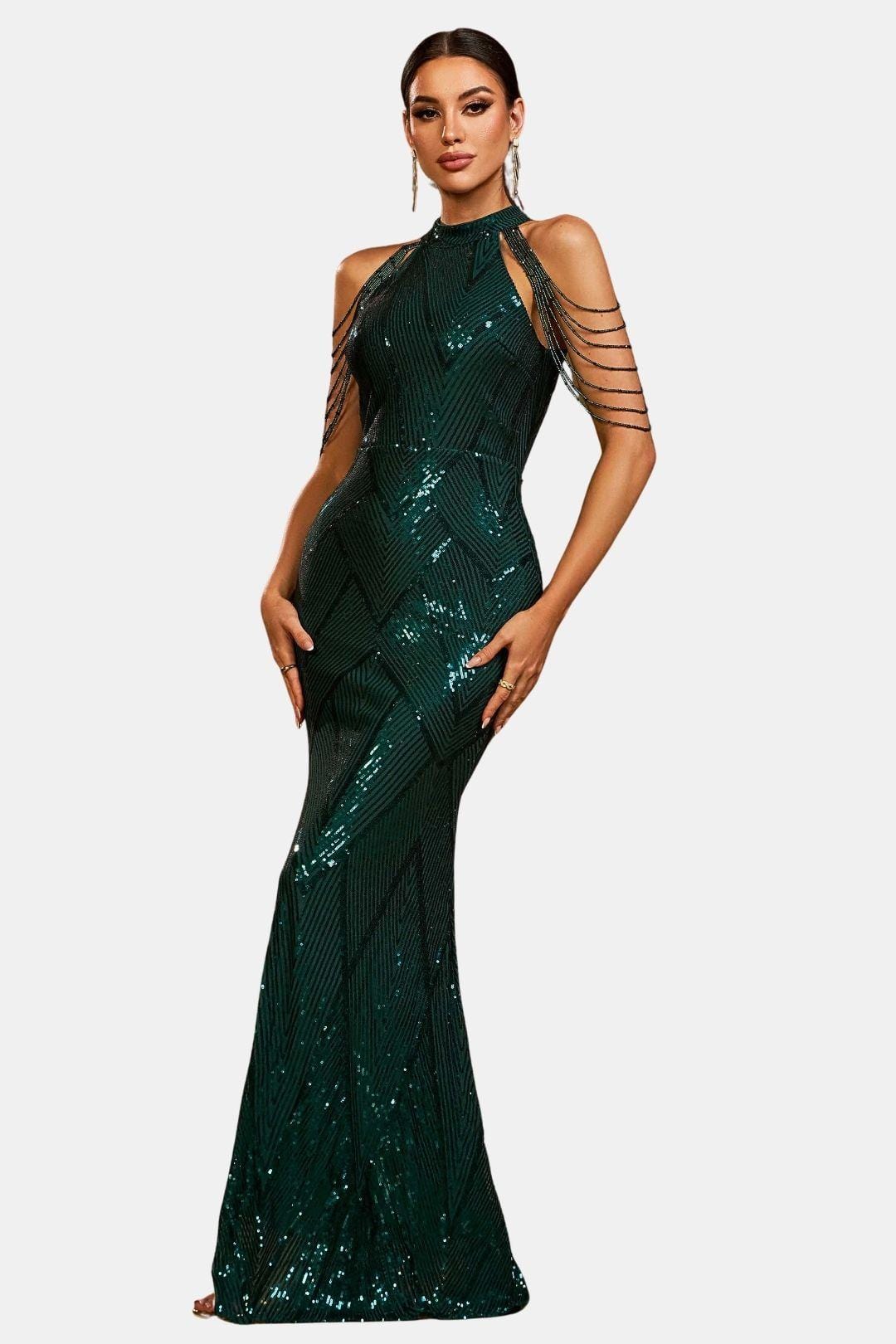 Mikka - Cold Shoulder Beaded Sequin Cocktail Dress