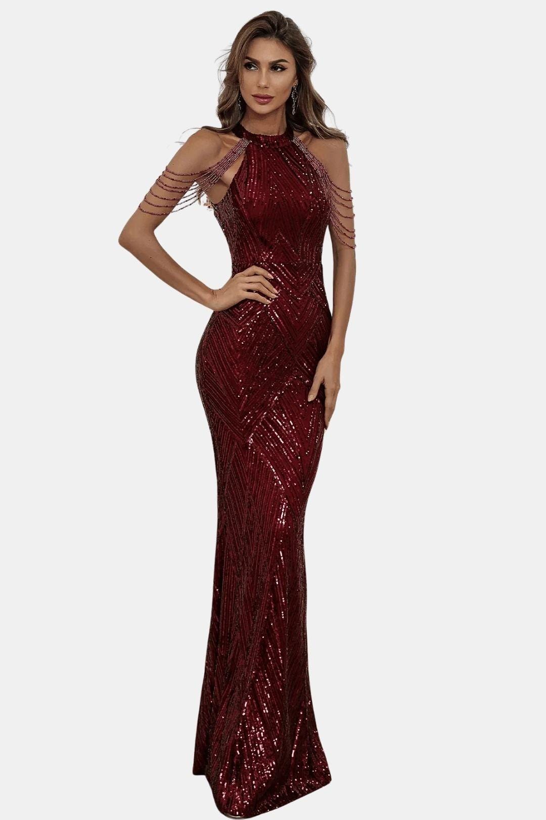 Mikka - Cold Shoulder Beaded Sequin Cocktail Dress