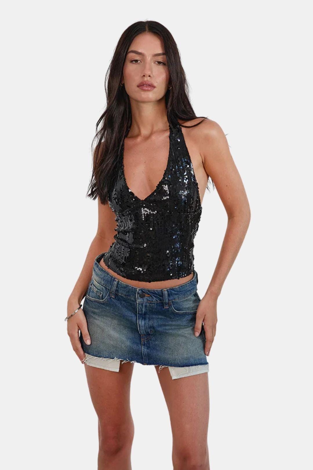 Mikkaela - Black Sequin Halterneck Top