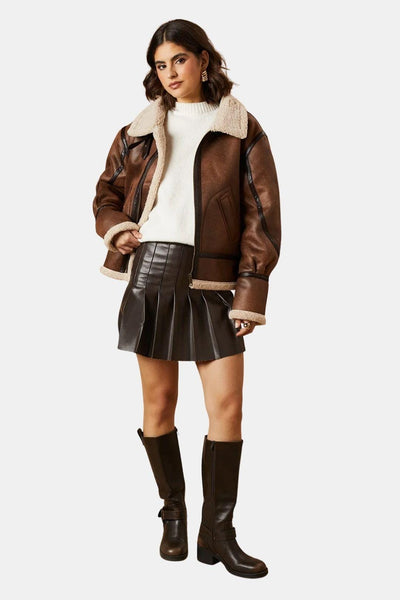 Millie – Faux Suede Borg Detail Aviator Jacket