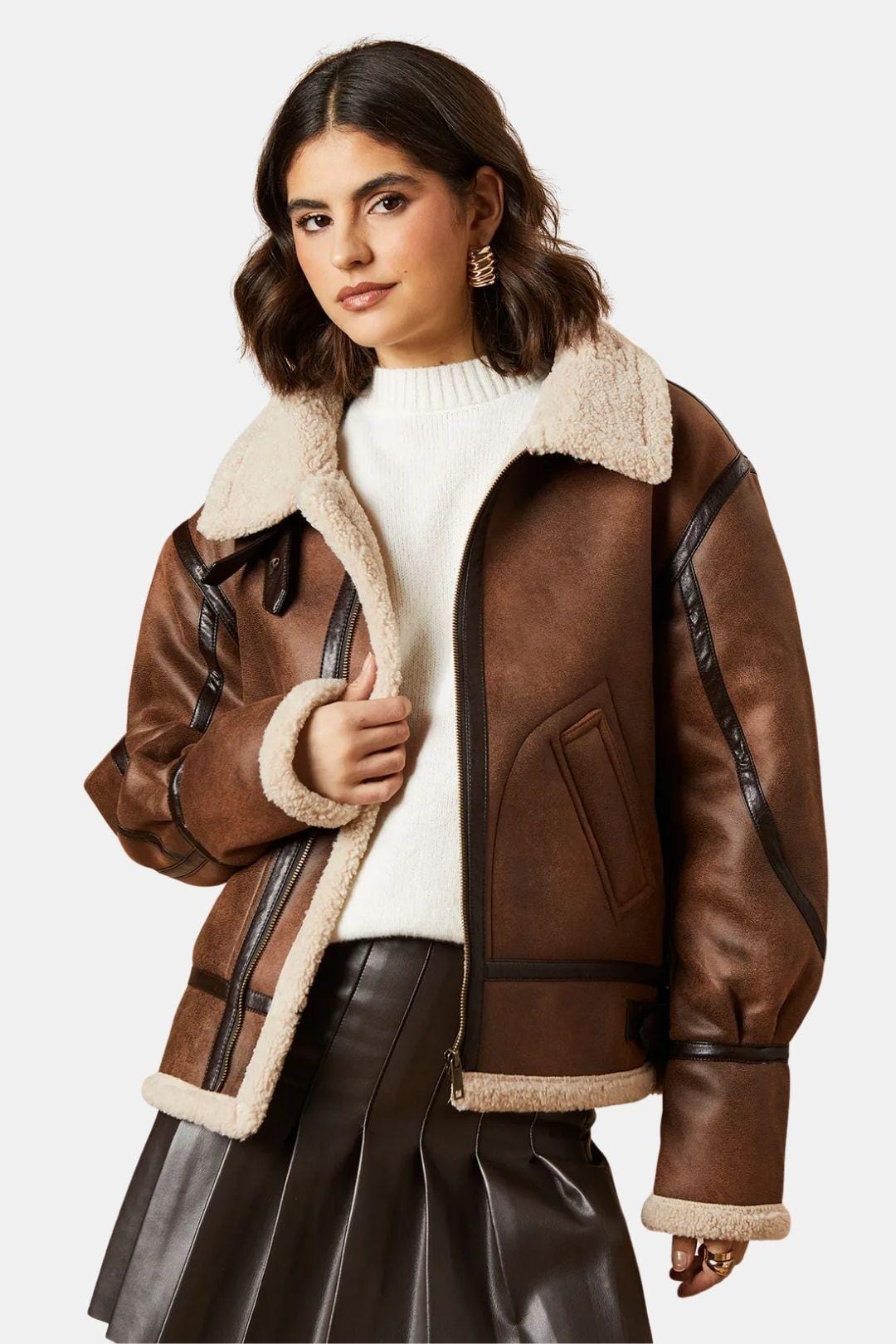 Millie – Faux Suede Borg Detail Aviator Jacket