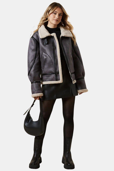 Millie – Faux Suede Borg Detail Aviator Jacket