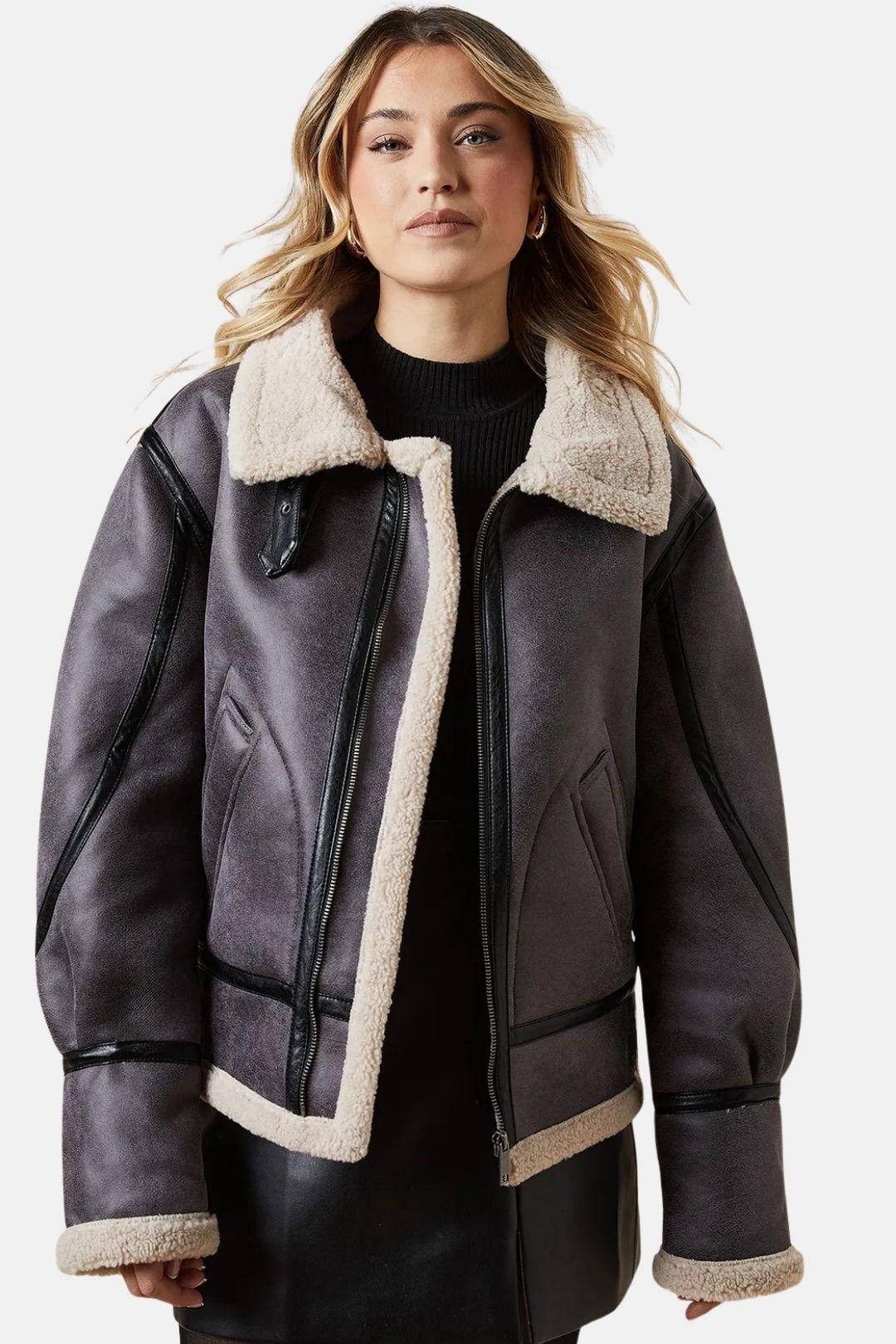 Millie – Faux Suede Borg Detail Aviator Jacket