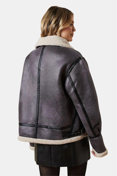 Millie – Faux Suede Borg Detail Aviator Jacket