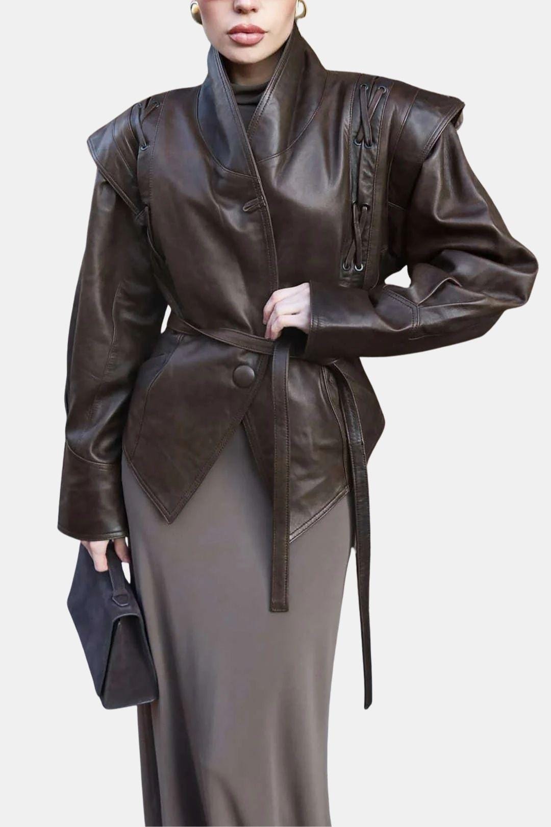 Monika – Faux Leather Tie Front Crossed Button Jacket