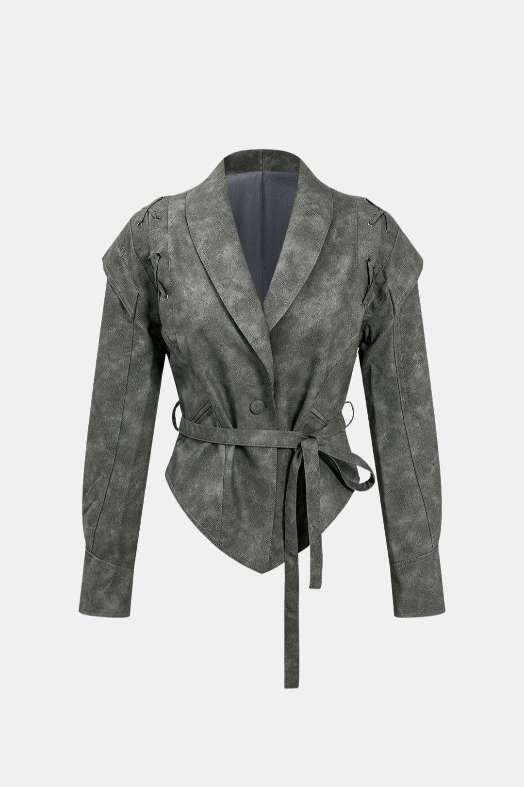 Monika – Faux Leather Tie Front Crossed Button Jacket