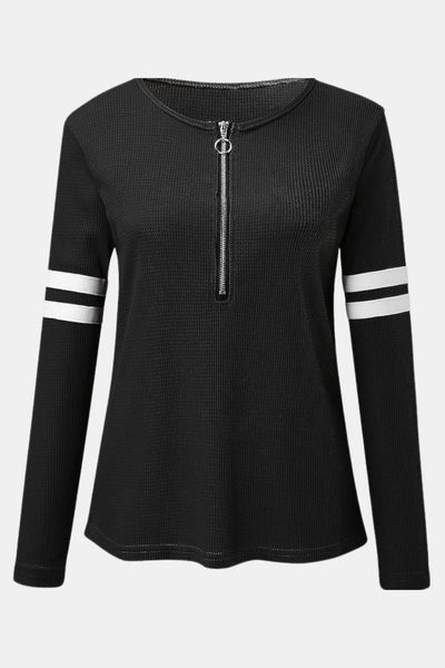 Nancy – Striped Zip Polo Waffle Knit Top