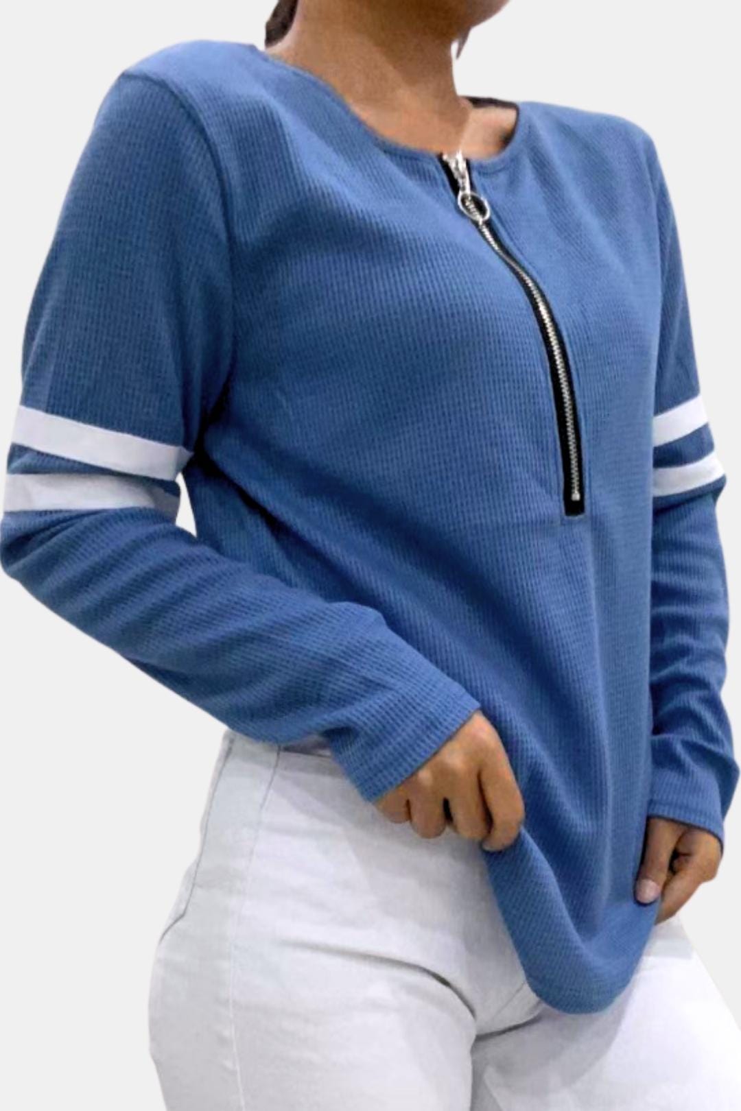 Nancy – Striped Zip Polo Waffle Knit Top