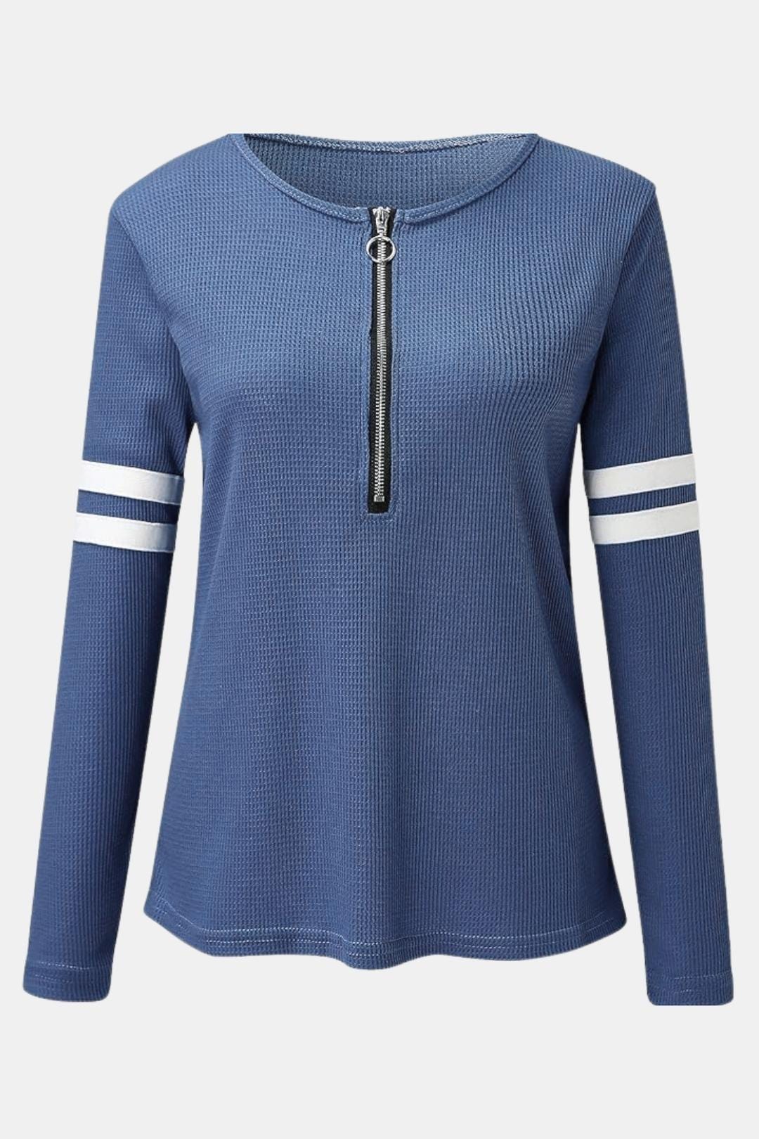 Nancy – Striped Zip Polo Waffle Knit Top
