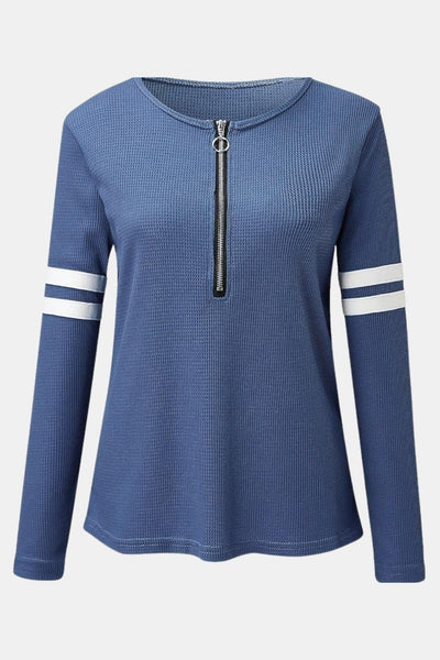 Nancy – Striped Zip Polo Waffle Knit Top