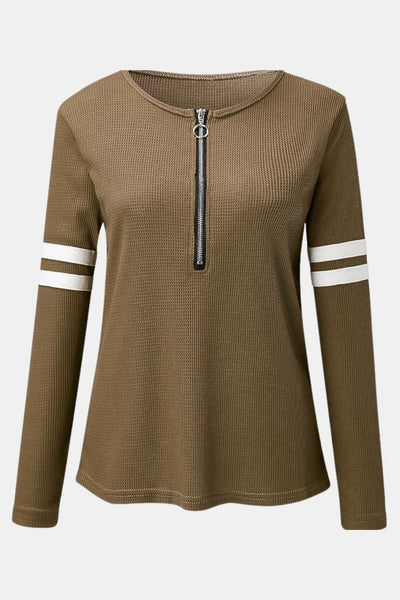 Nancy – Striped Zip Polo Waffle Knit Top