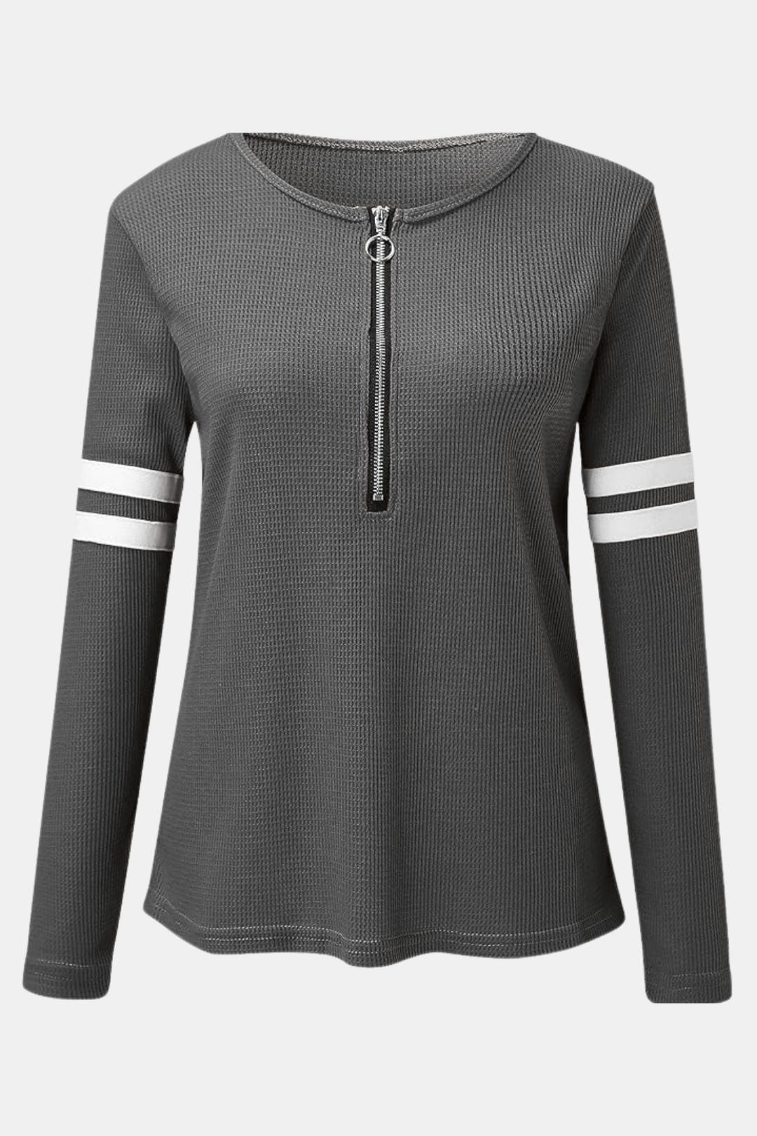 Nancy – Striped Zip Polo Waffle Knit Top
