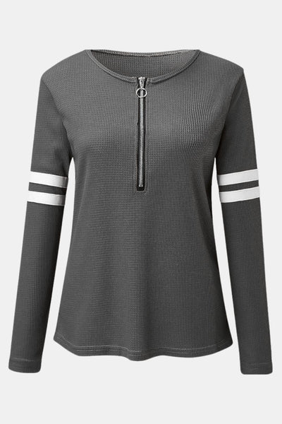 Nancy – Striped Zip Polo Waffle Knit Top