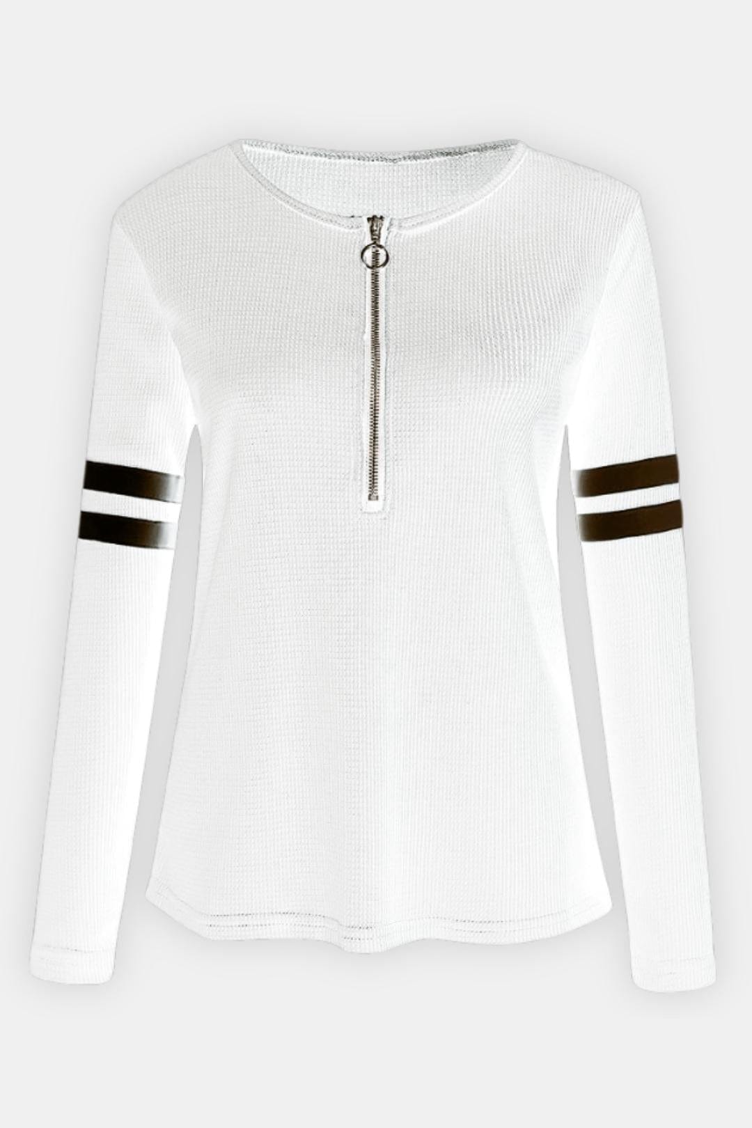Nancy – Striped Zip Polo Waffle Knit Top