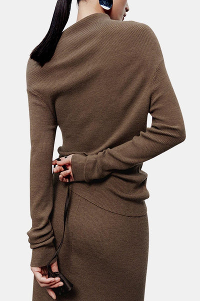 Nathalie – Caramel Asymmetric Neckline Long Sleeve Knit Top