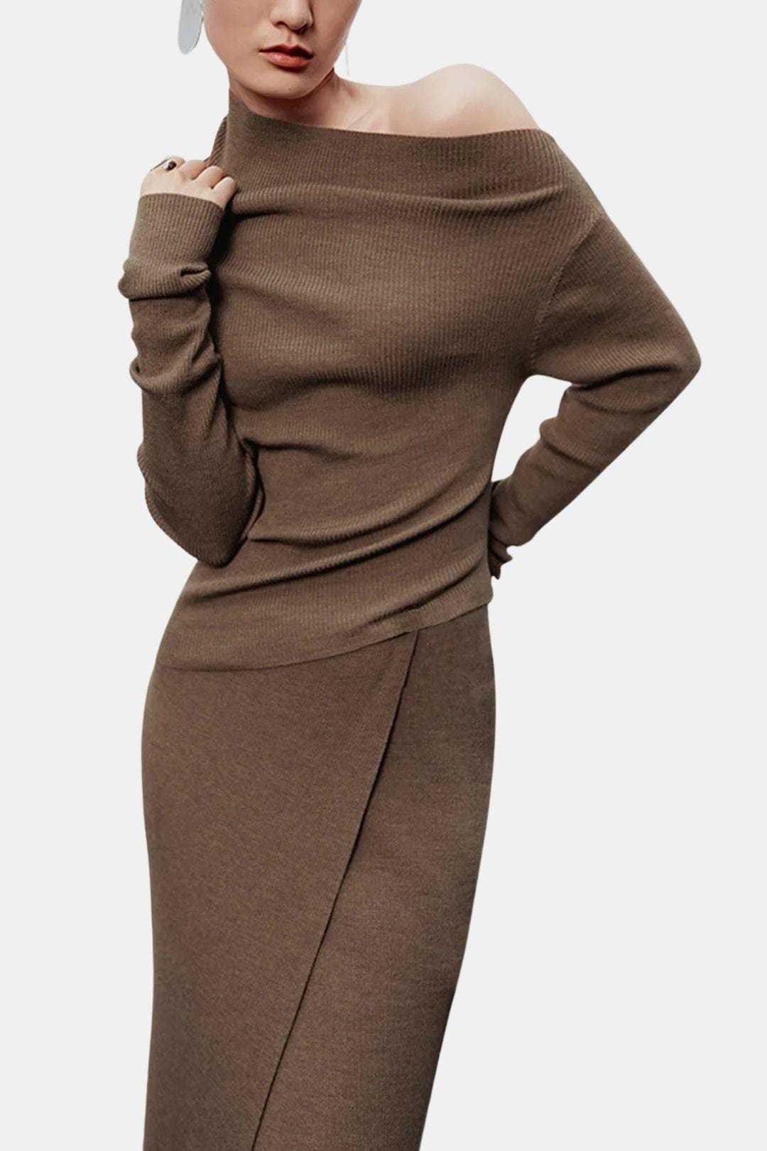 Nathalie – Caramel Asymmetric Neckline Long Sleeve Knit Top