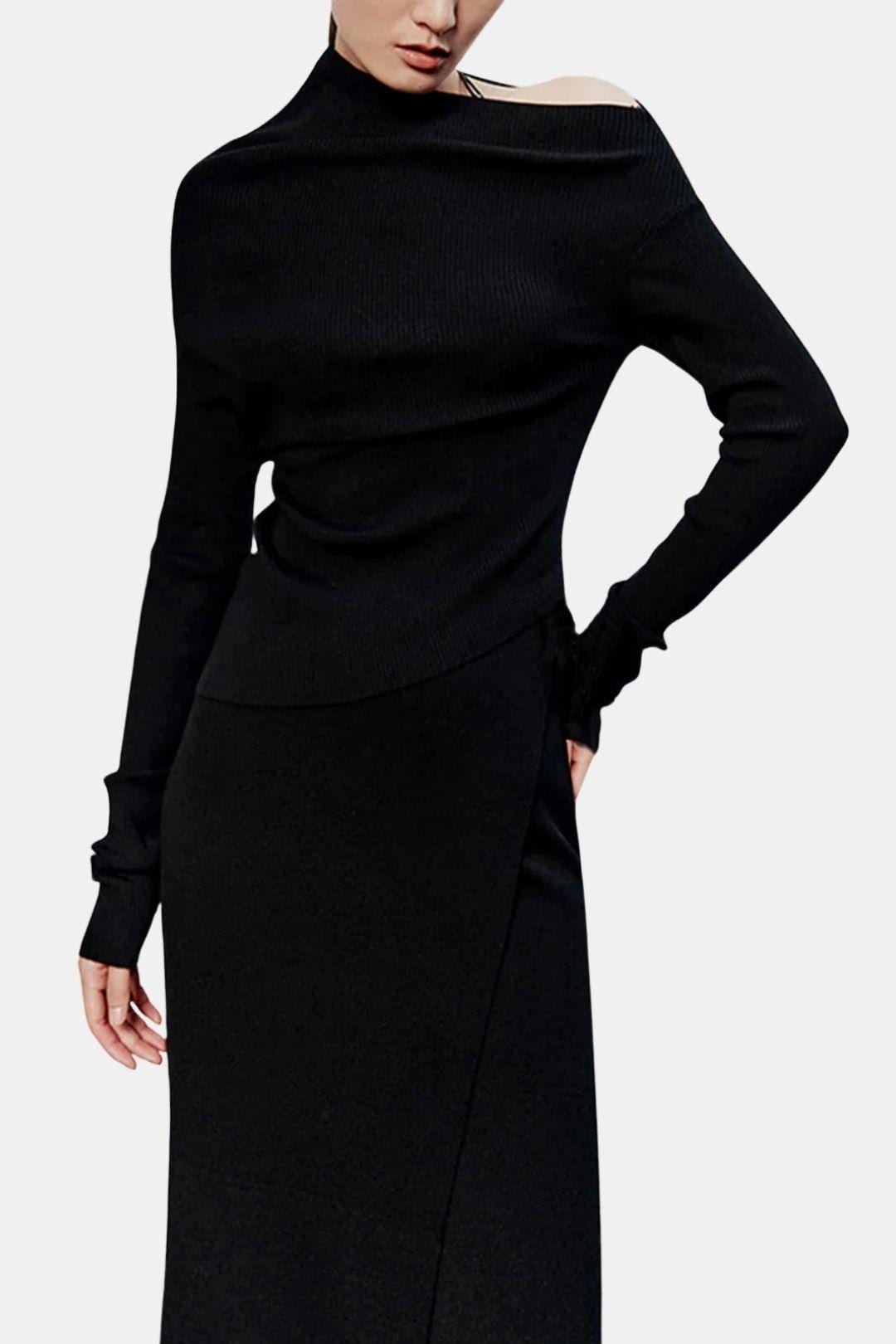 Nathalie – Caramel Asymmetric Neckline Long Sleeve Knit Top