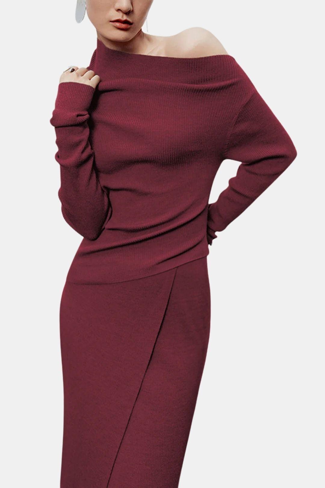 Nathalie – Caramel Asymmetric Neckline Long Sleeve Knit Top