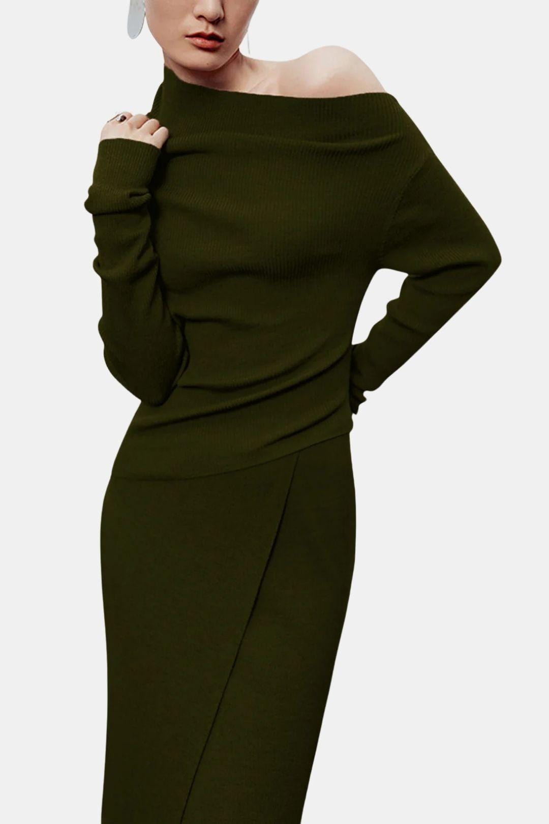 Nathalie – Caramel Asymmetric Neckline Long Sleeve Knit Top