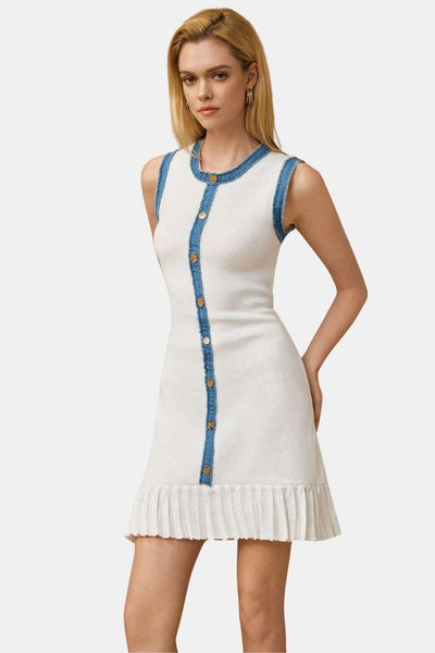 Phedora – Knit Metallic Button Patchwork Sleeveless Sweater Dress