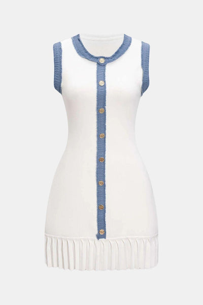 Phedora – Knit Metallic Button Patchwork Sleeveless Sweater Dress