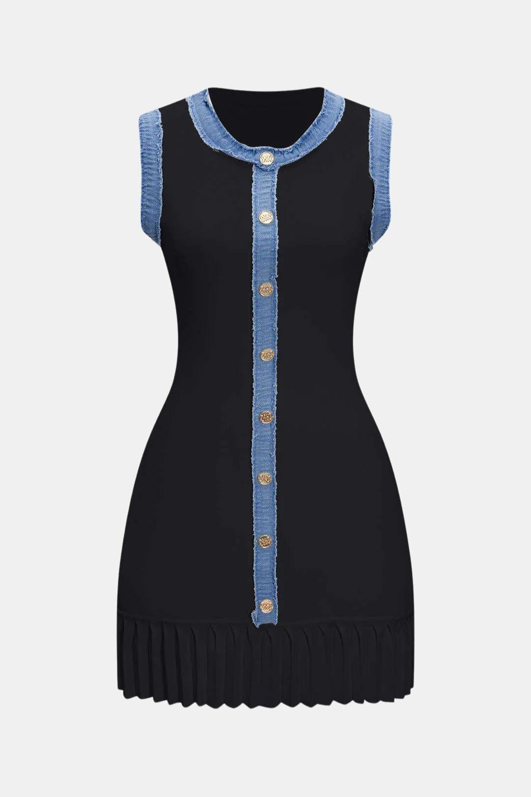 Phedora – Knit Metallic Button Patchwork Sleeveless Sweater Dress