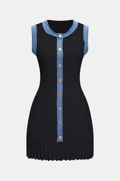 Phedora – Knit Metallic Button Patchwork Sleeveless Sweater Dress