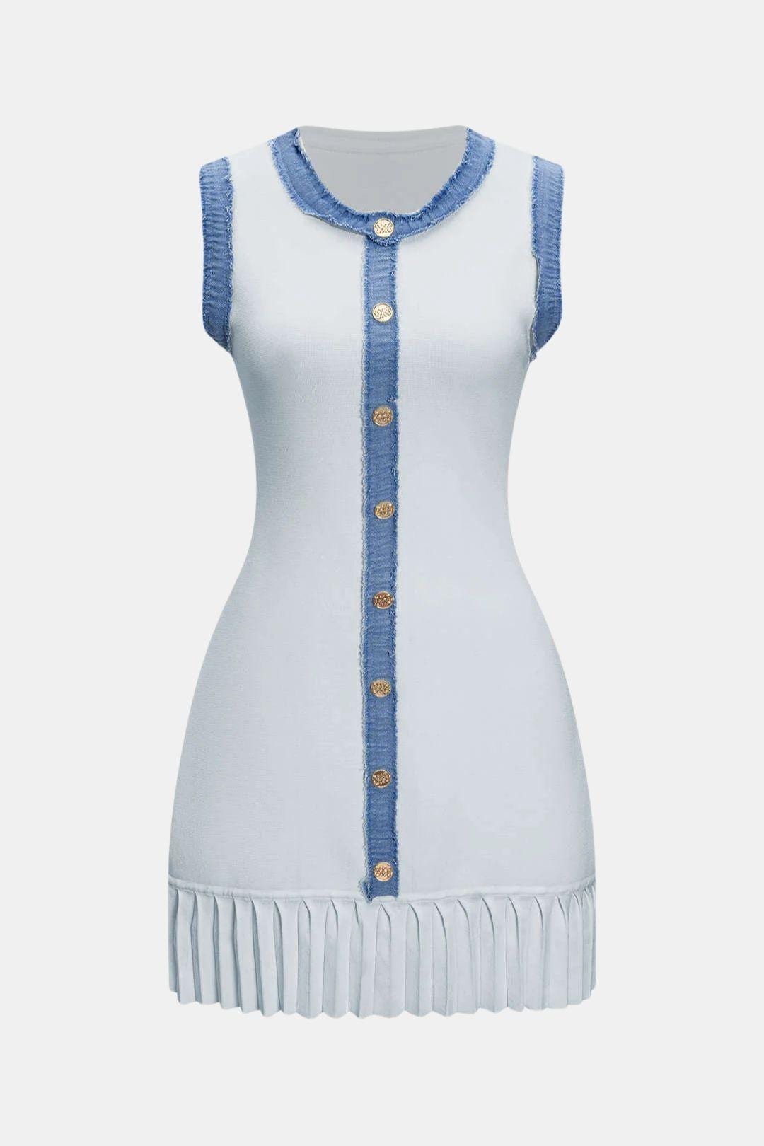 Phedora – Knit Metallic Button Patchwork Sleeveless Sweater Dress