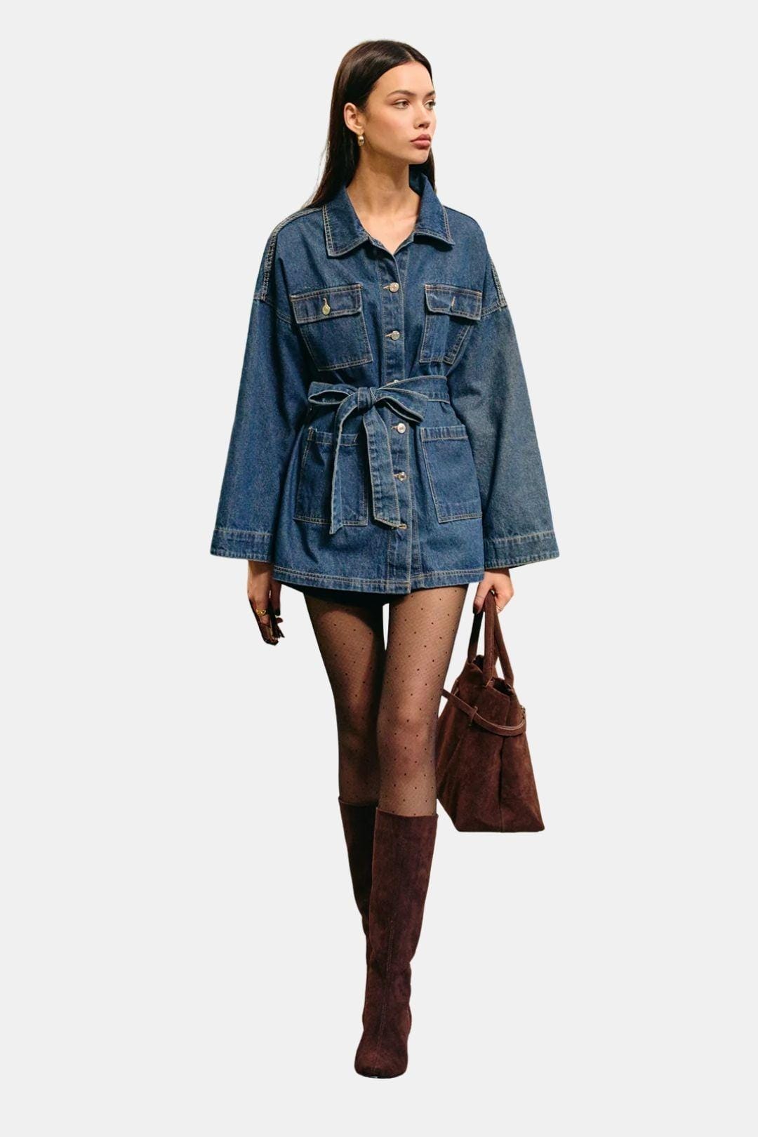 Quennie – Belted Cargo Denim Polo Jacket
