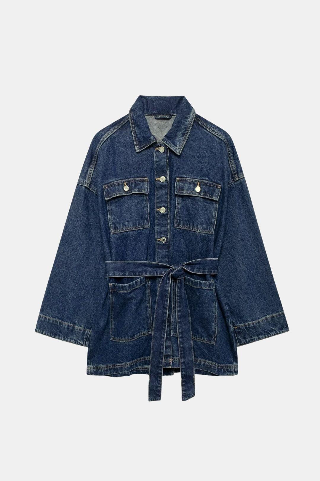 Quennie – Belted Cargo Denim Polo Jacket