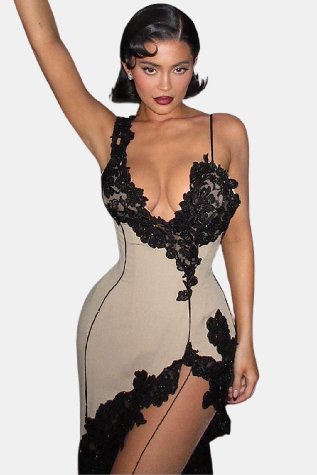 Reina – Asymmetric Lace Panel Midi Dress