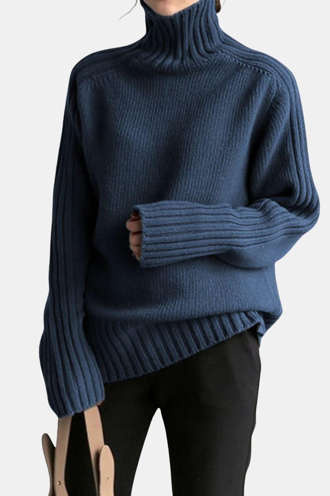 Rhea – Solid High Neck Knit Sweater in Navy