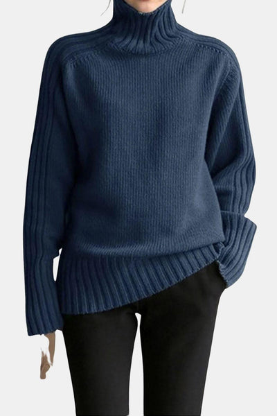 Rhea – Solid High Neck Knit Sweater in Navy