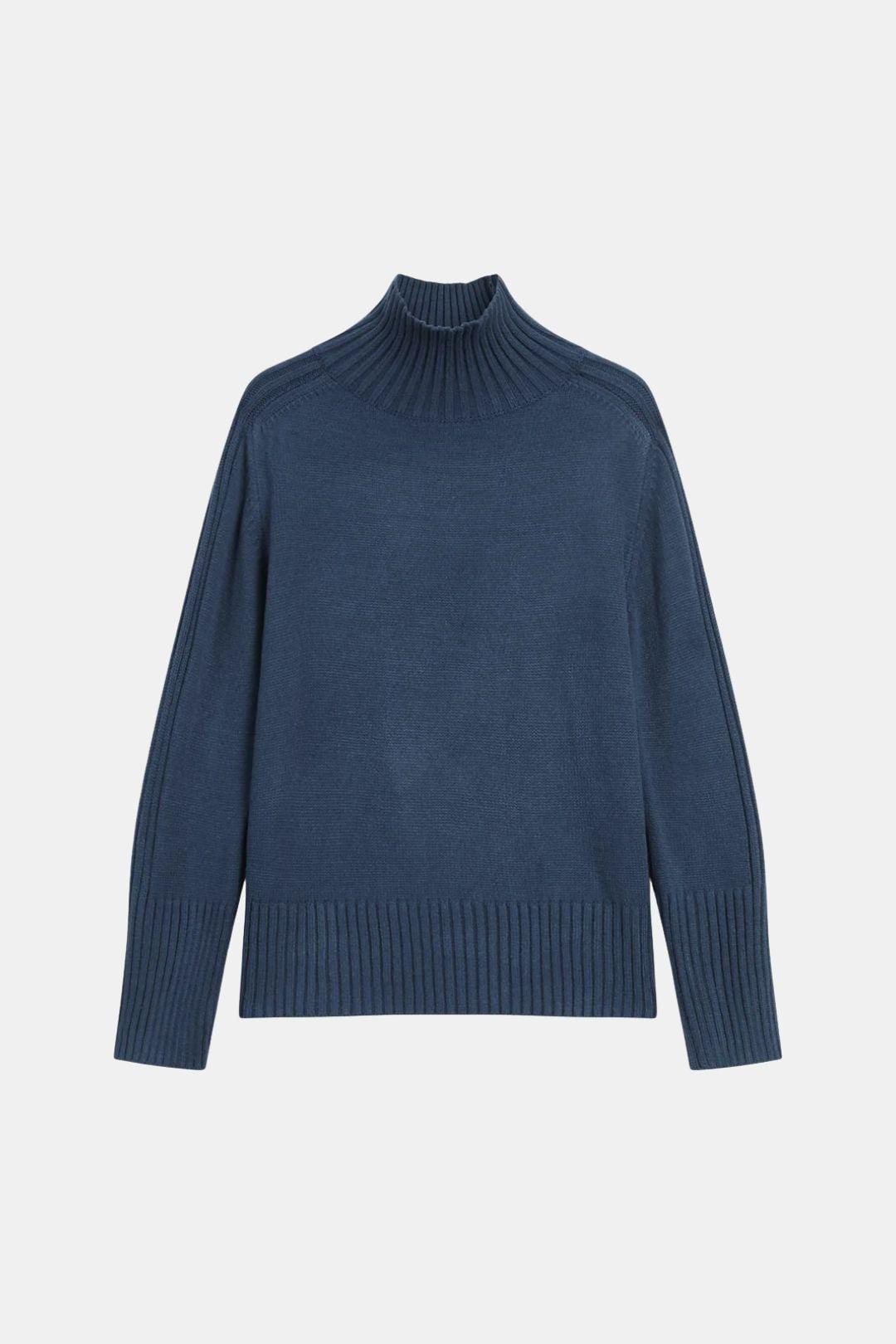 Rhea – Solid High Neck Knit Sweater in Navy