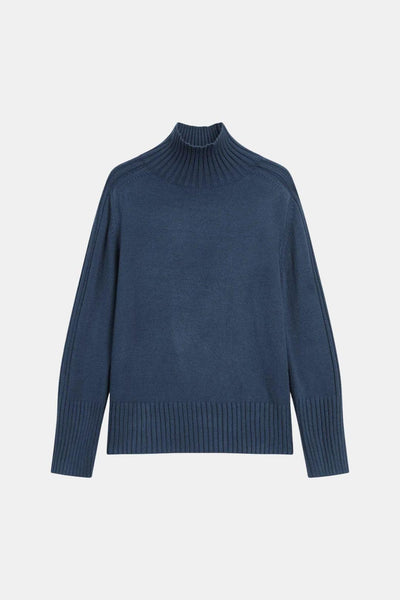 Rhea – Solid High Neck Knit Sweater in Navy