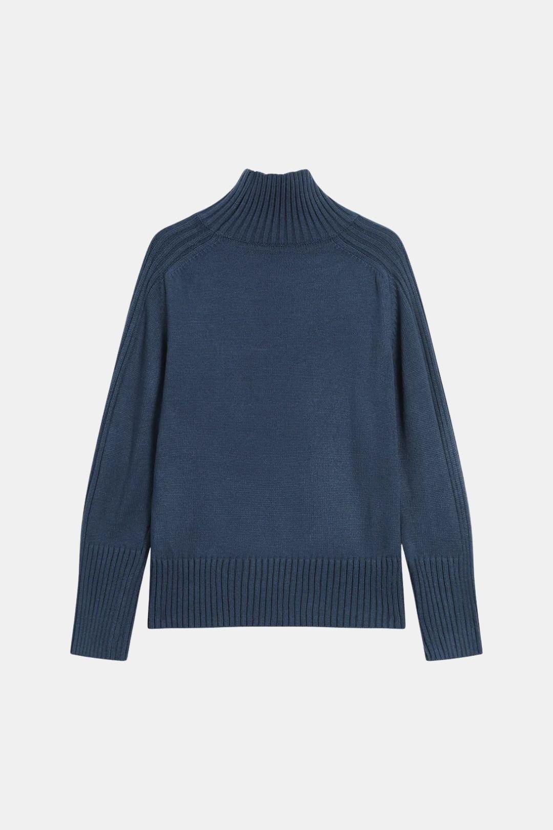 Rhea – Solid High Neck Knit Sweater in Navy