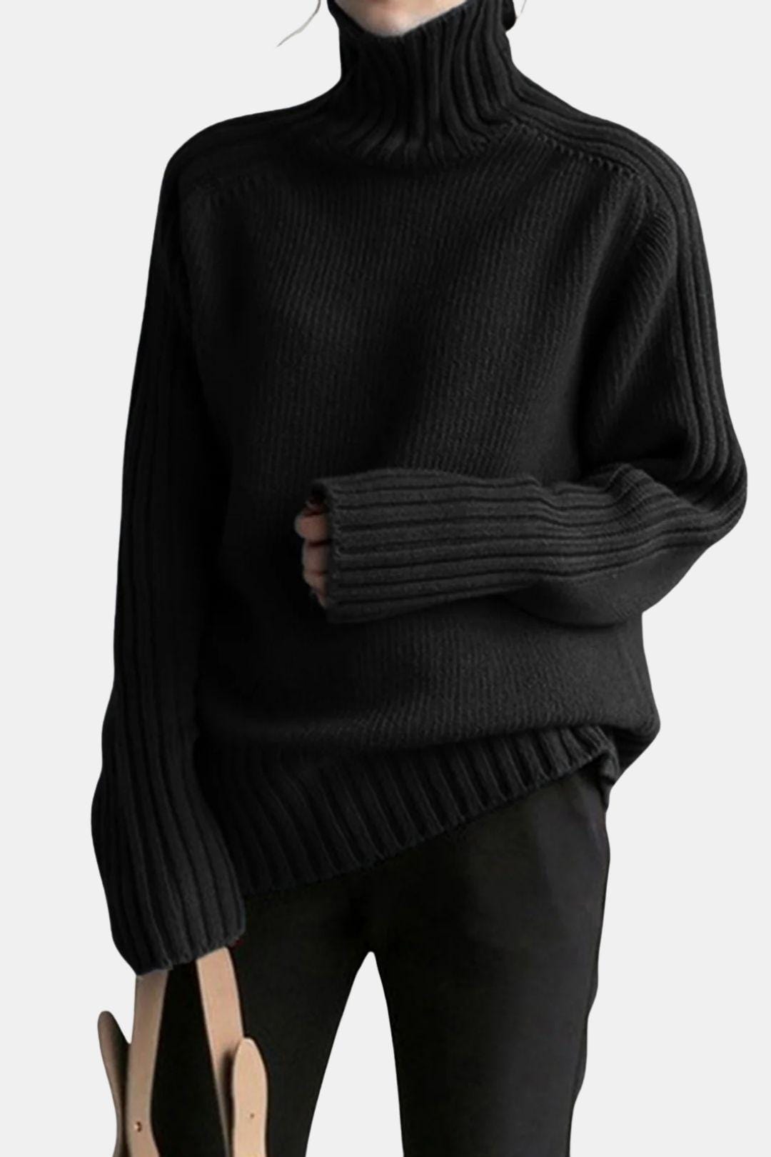 Rhea – Solid High Neck Knit Sweater in Navy