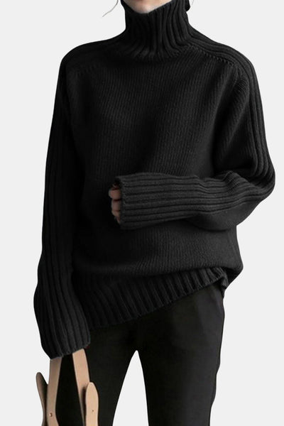 Rhea – Solid High Neck Knit Sweater in Navy