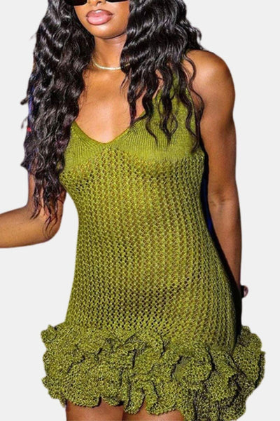 Rose – Open Knit Ruffle Hem Mini Dress