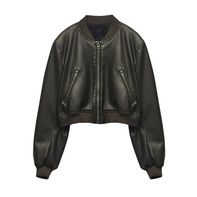 Cropped Bomber Jacket | Faux Leather | Sleek and Edgy