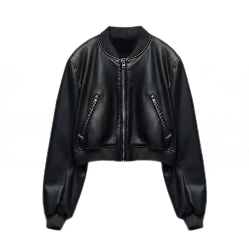 Cropped Bomber Jacket | Faux Leather | Sleek and Edgy