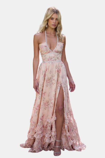 Scarlette – Halter Maxi Dress in Peach Tapestry