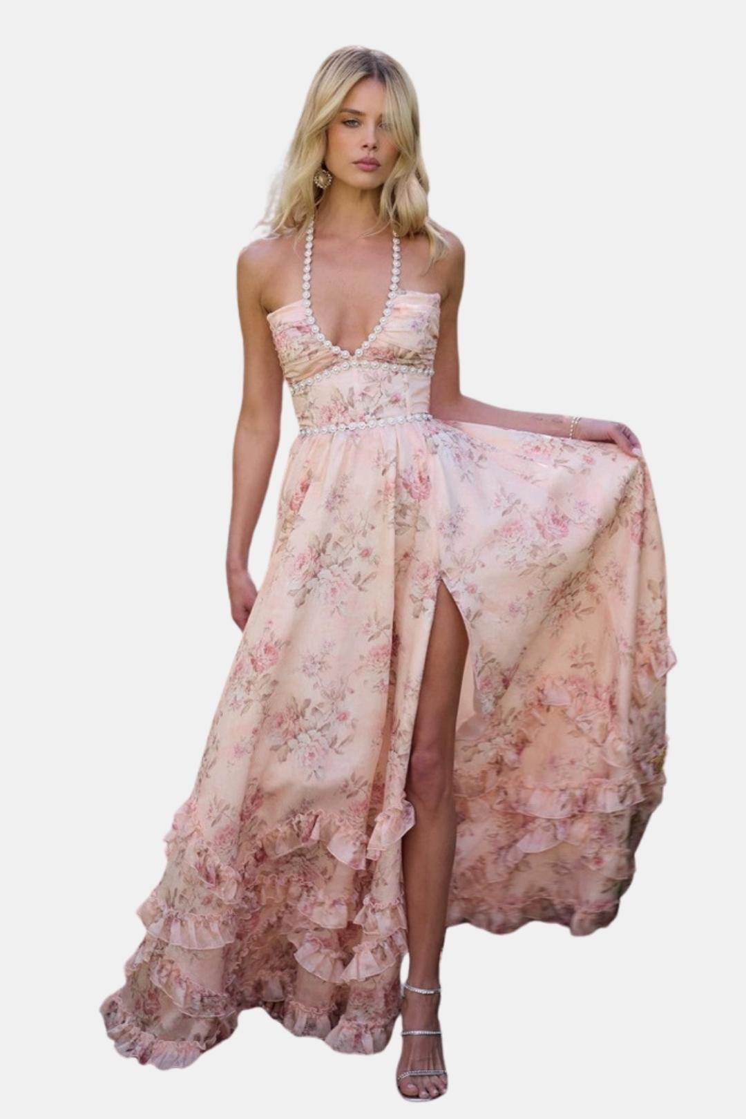 Scarlette – Halter Maxi Dress in Peach Tapestry