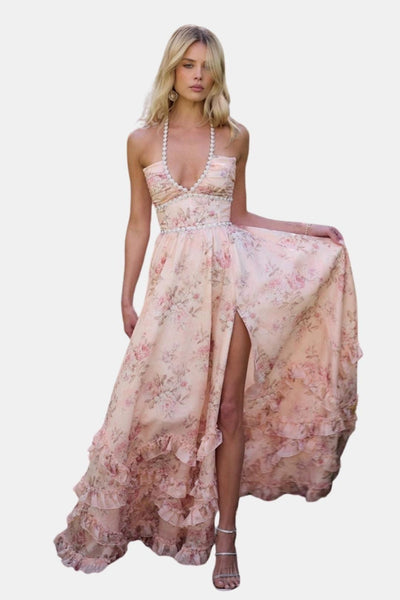 Scarlette – Halter Maxi Dress in Peach Tapestry