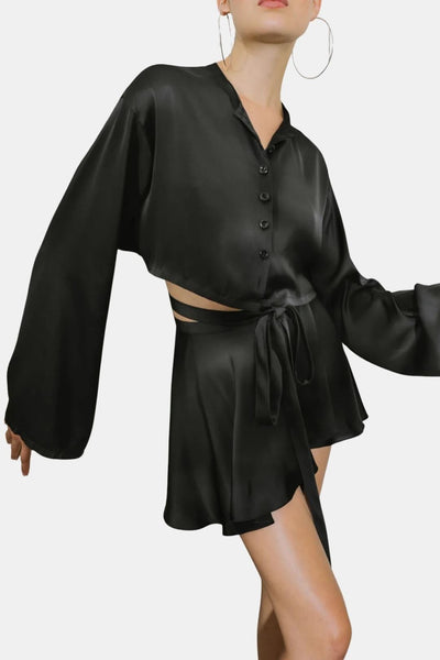 Selvina – Satin Raw Hem Tied Two Piece Skirt Set