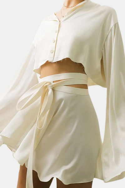 Selvina – Satin Raw Hem Tied Two Piece Skirt Set