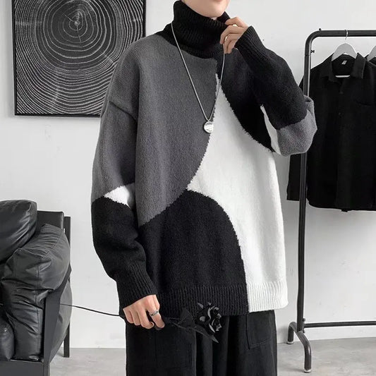 Geometric Color-Block Sweater | Turtleneck | Modern Artistic Design